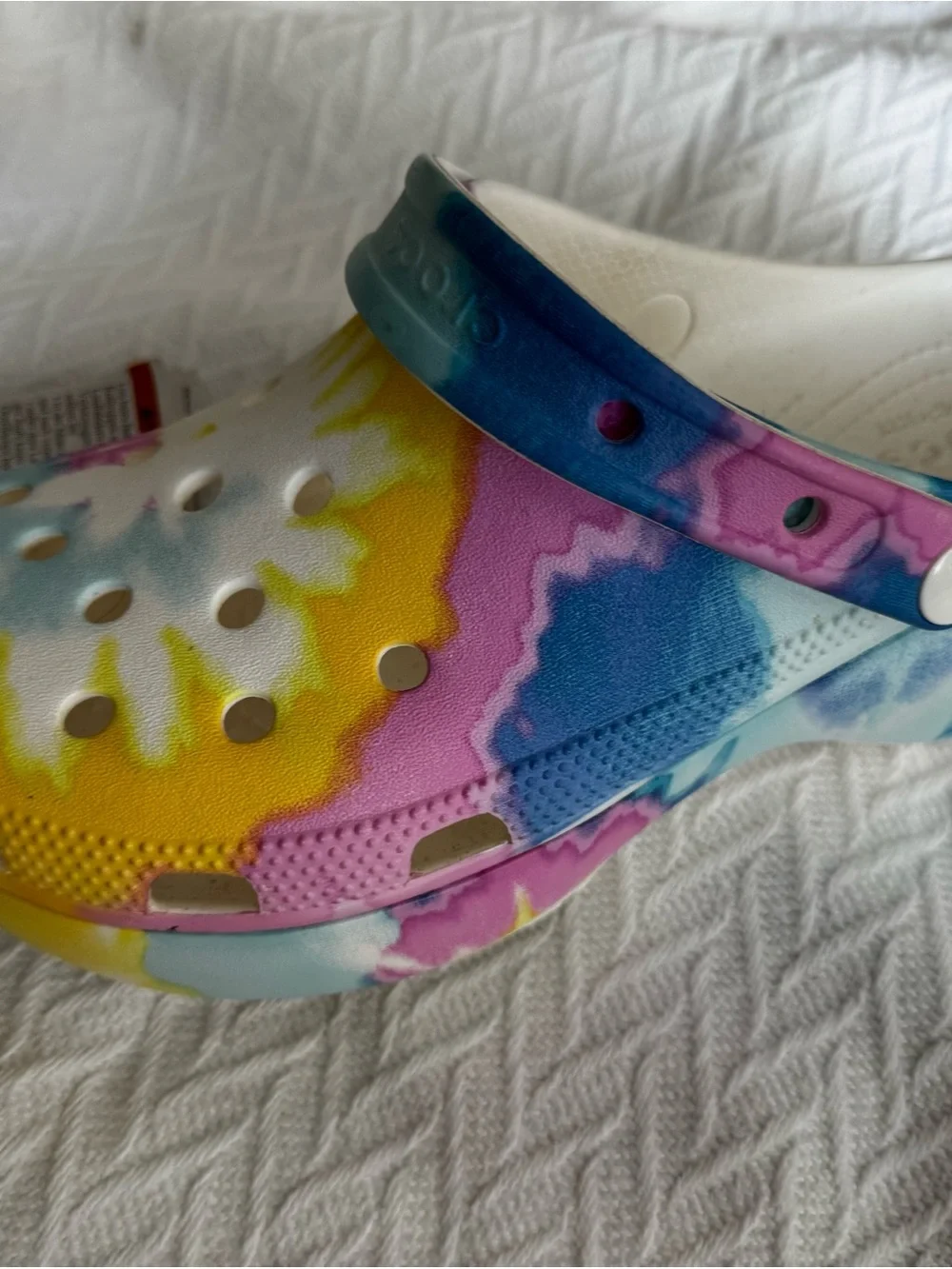CROCS Classic Platform Clog in Tie-Dye Blue, Yellow, Purple